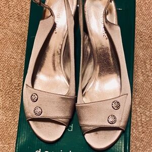 David Tate Silver Satin Open-Toe Slingbacks, Size 10.5
